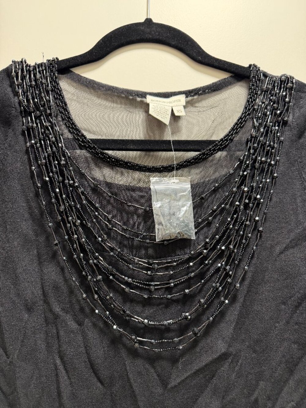 NWT Boston Proper Black Beaded Mesh Neckline Top Size XS